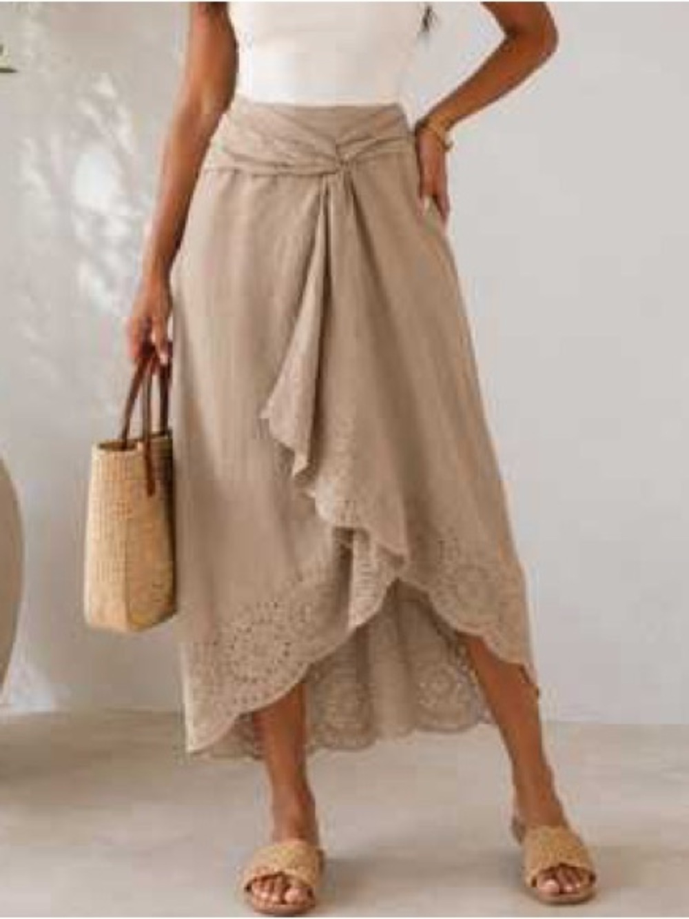 Jason Wu Beige Wrap Midi Skirt with Eyelet Detail
